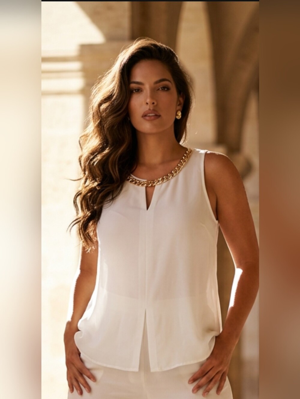 ePretty White Top with Gold Chain Accent